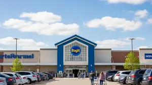 A wide shot of a large grocery store exterior with blue and white branding elements, featuring a parking lot and shoppers pushing carts.