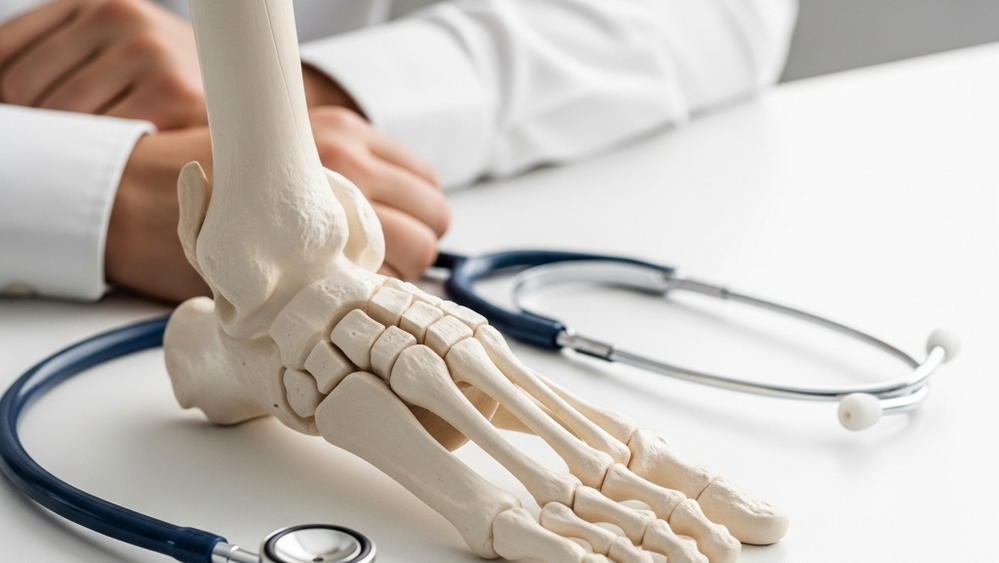 A close-up view of a medical model of a human foot and ankle resting on a white clinical desk next to a stethoscope.