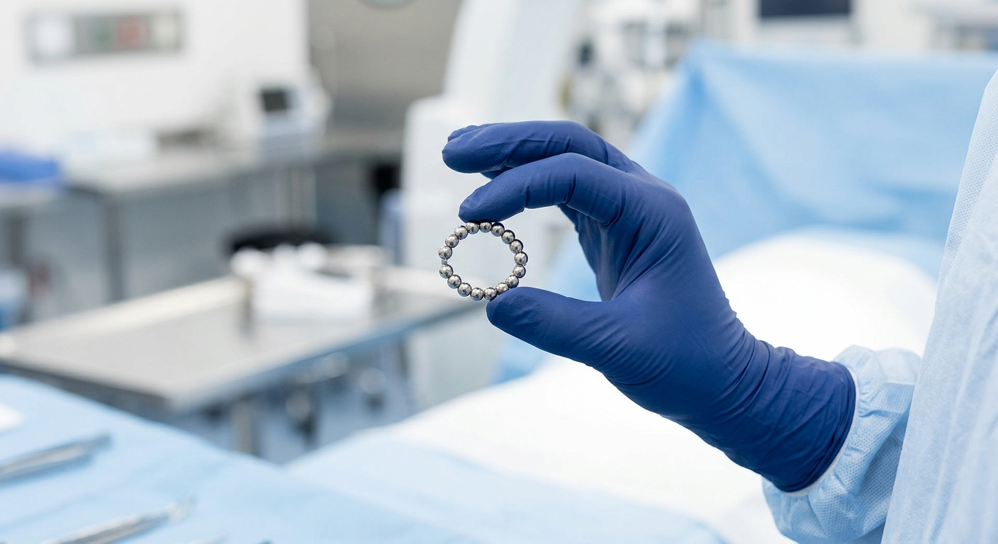A close-up view of a magnetic LINX reflux management device, consisting of a small ring of interlinked beads, held in a sterile environment by a gloved medical hand.