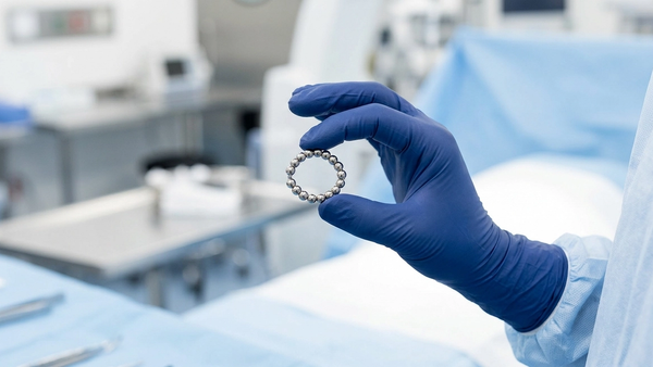 A close-up view of a magnetic LINX reflux management device, consisting of a small ring of interlinked beads, held in a sterile environment by a gloved medical hand.
