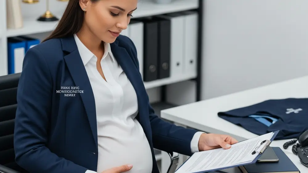 A businesswoman in an office setting touching her pregnant stomach while looking at legal documents.