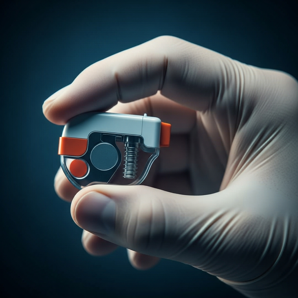 A close-up view of a heart pacemaker device held in a sterile gloved hand, resting against a dark blue background with clinical lighting.