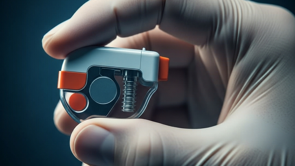 A close-up view of a heart pacemaker device held in a sterile gloved hand, resting against a dark blue background with clinical lighting.