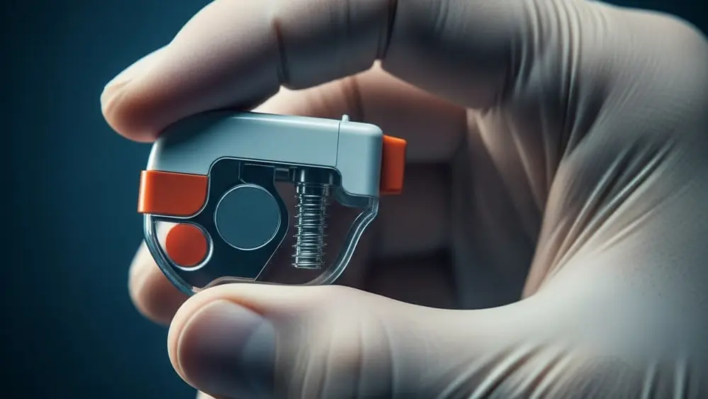 A close-up view of a heart pacemaker device held in a sterile gloved hand, resting against a dark blue background with clinical lighting.