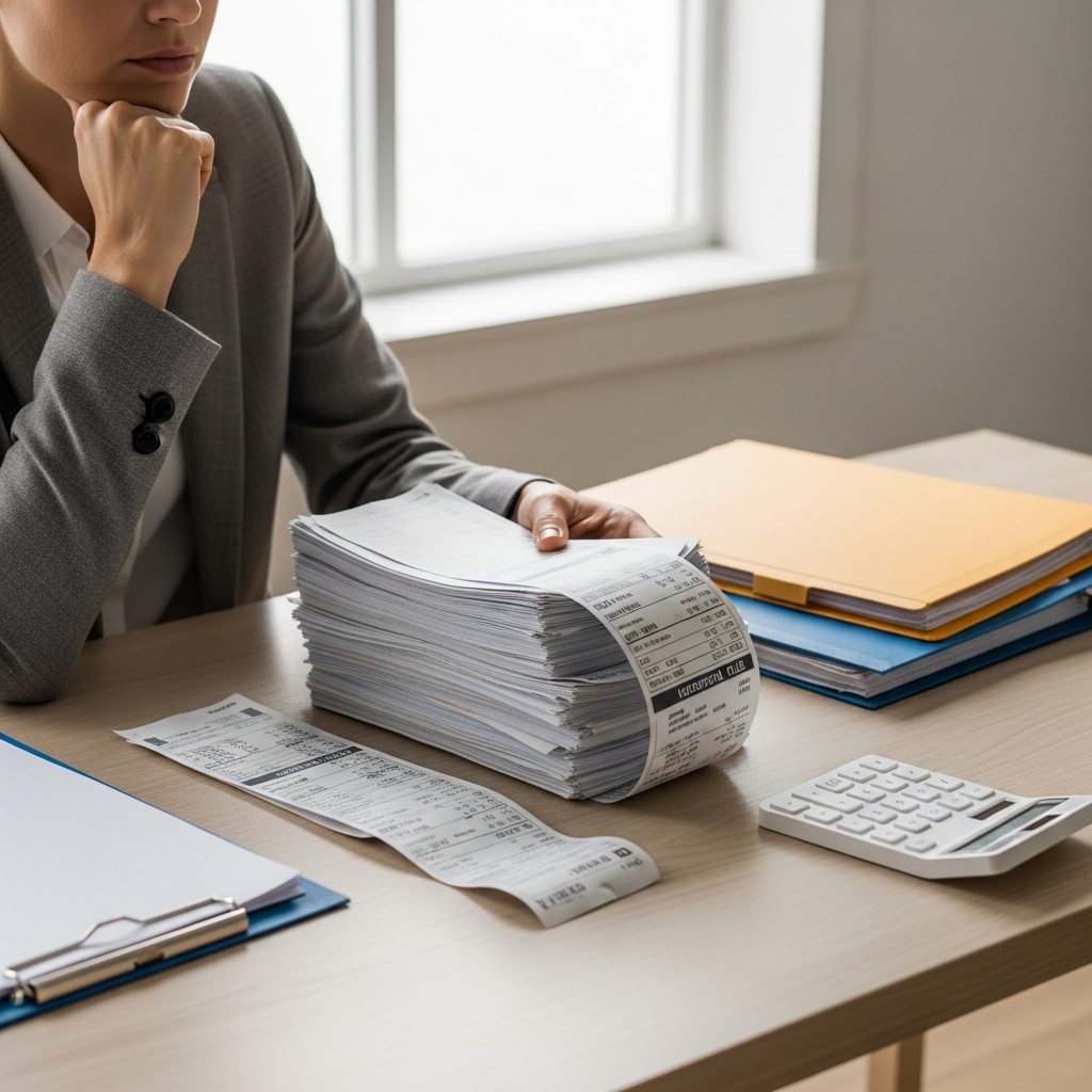 A person sitting at a wooden table with several folders and a calculator looking thoughtfully at a stack of hospital bills near a window