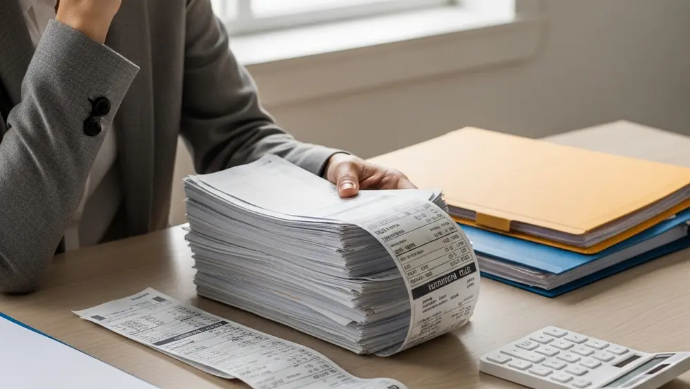 A person sitting at a wooden table with several folders and a calculator looking thoughtfully at a stack of hospital bills near a window