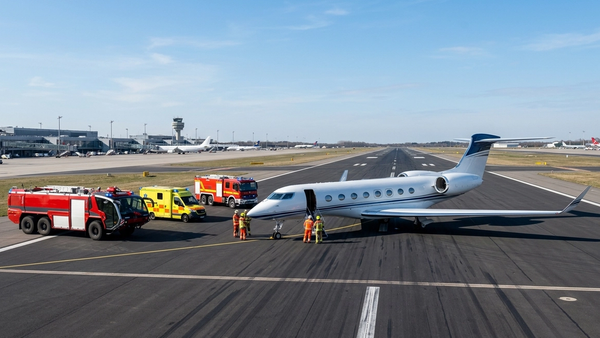 A private jet stationary on a commercial runway with airport emergency vehicles nearby under a clear sky.