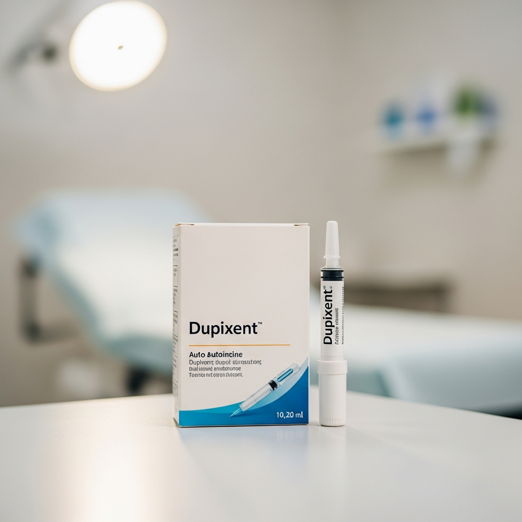 A box of Dupixent medication and an autoinjector pen placed on a clean surface in a medical examination room with soft lighting.
