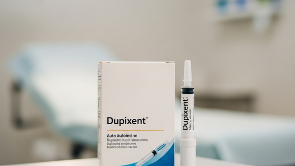 A box of Dupixent medication and an autoinjector pen placed on a clean surface in a medical examination room with soft lighting.