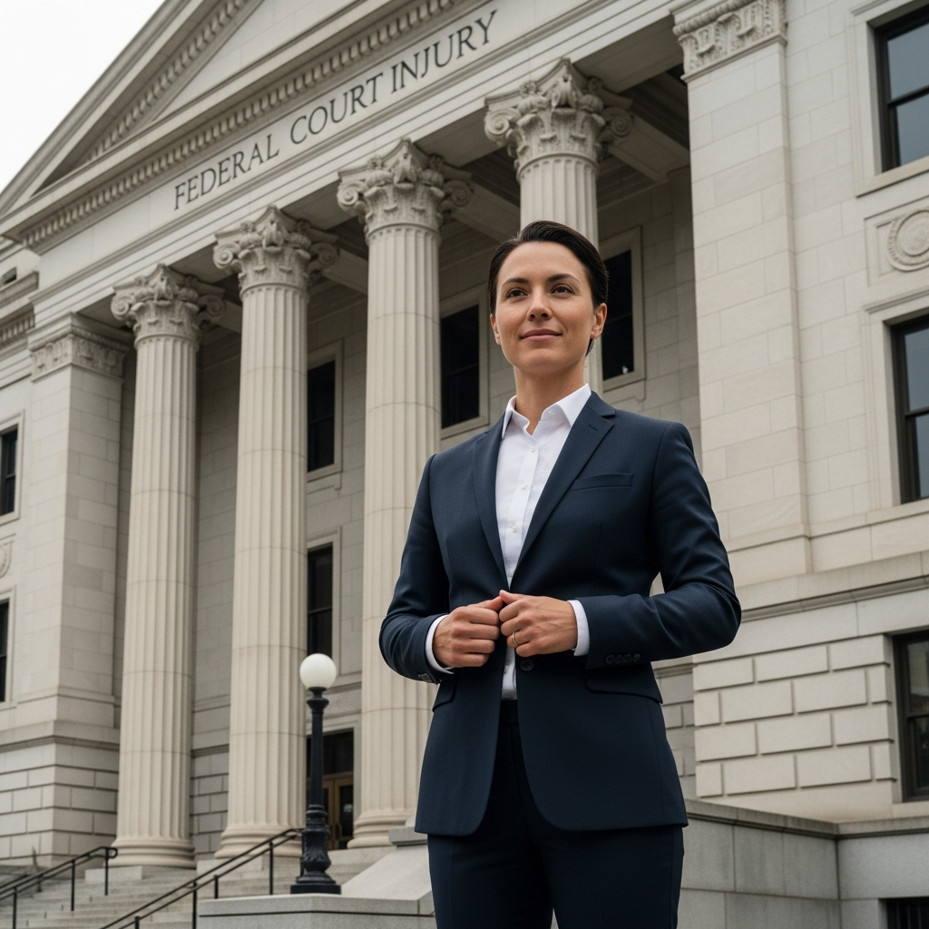 A professional person in a business suit stands before a large federal courthouse building with stone pillars.