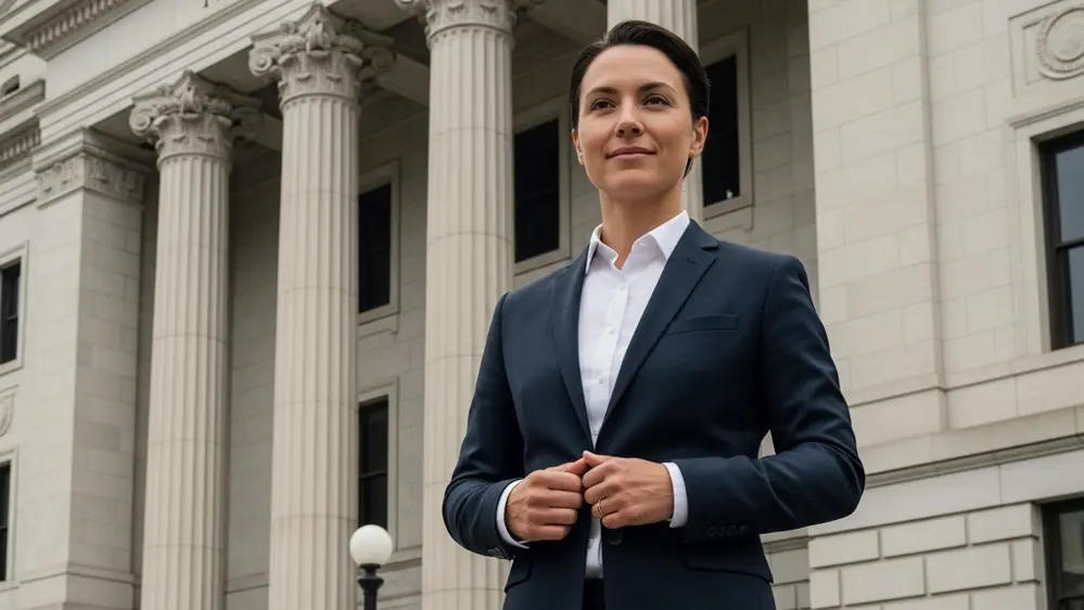 A professional person in a business suit stands before a large federal courthouse building with stone pillars.