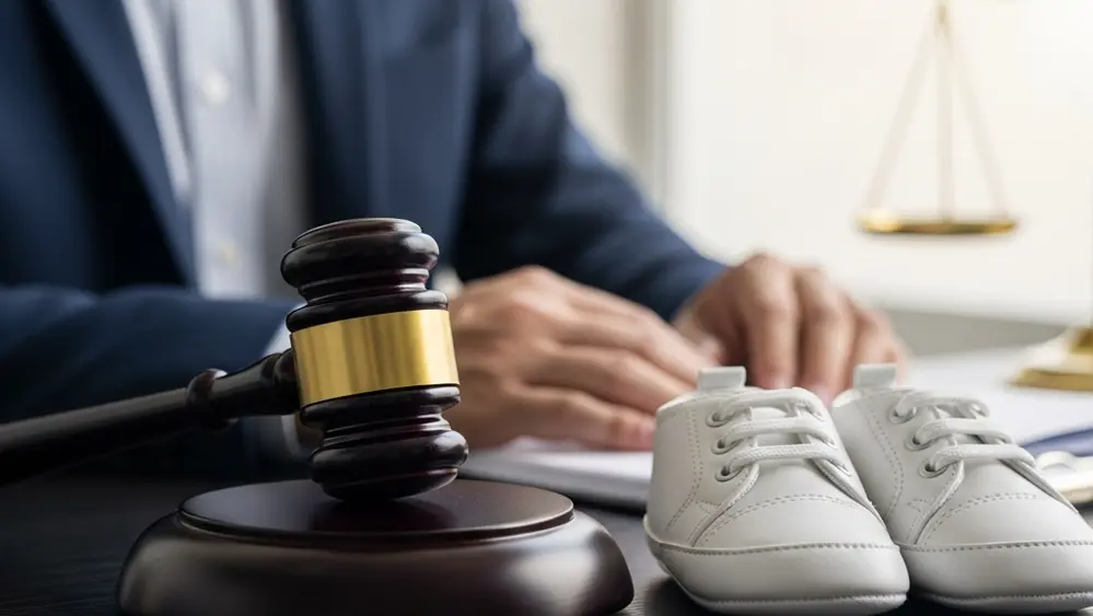A soft-focus view of a wooden gavel resting on a table next to a pair of baby shoes, symbolizing legal protection for parents.
