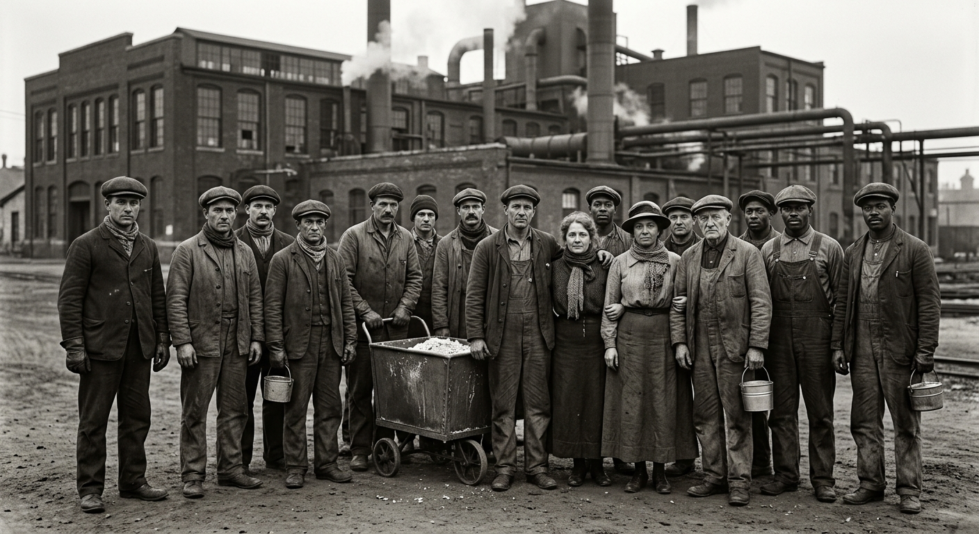 A diverse group of factory workers from the early 20th century standing outside a large Wisconsin paper mill, representing the historic labor force.