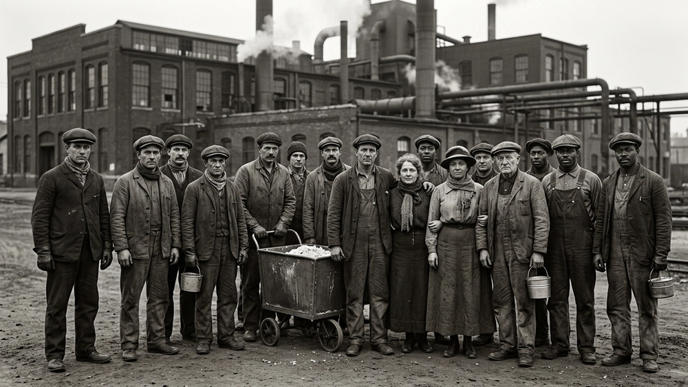A diverse group of factory workers from the early 20th century standing outside a large Wisconsin paper mill, representing the historic labor force.