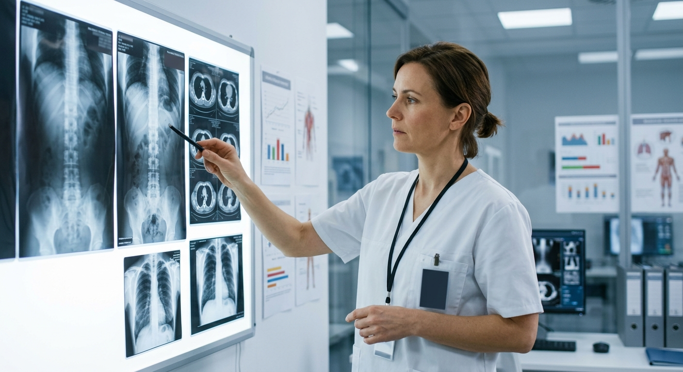 A medical professional in white scrubs standing in a hospital room, deeply examining a series of radiological scans and medical charts pinned to a lightboard.