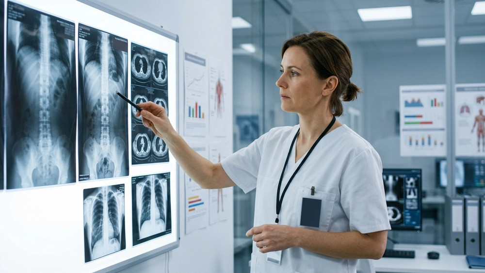 A medical professional in white scrubs standing in a hospital room, deeply examining a series of radiological scans and medical charts pinned to a lightboard.