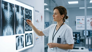 A medical professional in white scrubs standing in a hospital room, deeply examining a series of radiological scans and medical charts pinned to a lightboard.