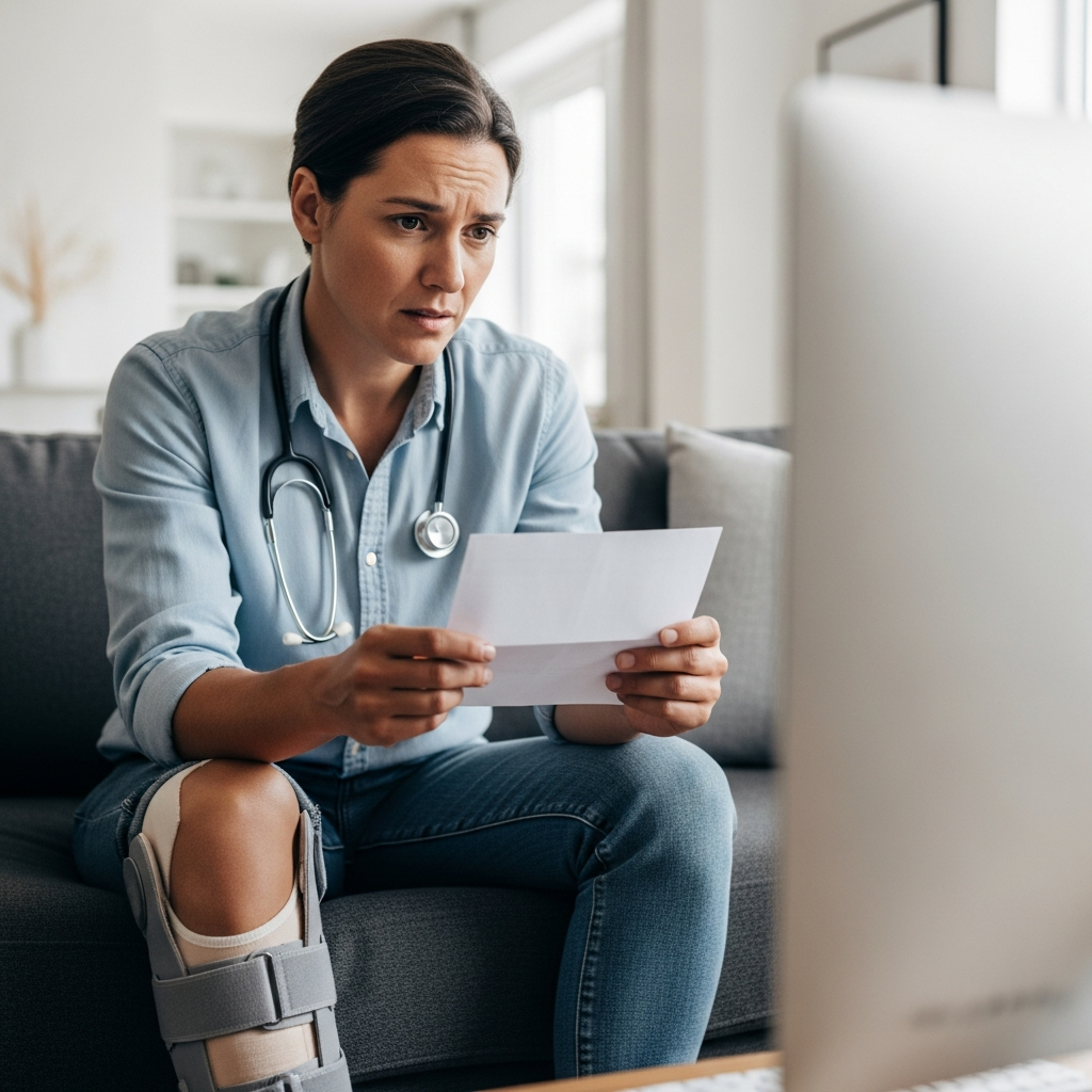 A professional individual sitting in a living room with a leg brace, looking at a computer screen while holding a physical letter, conveying a sense of worry.