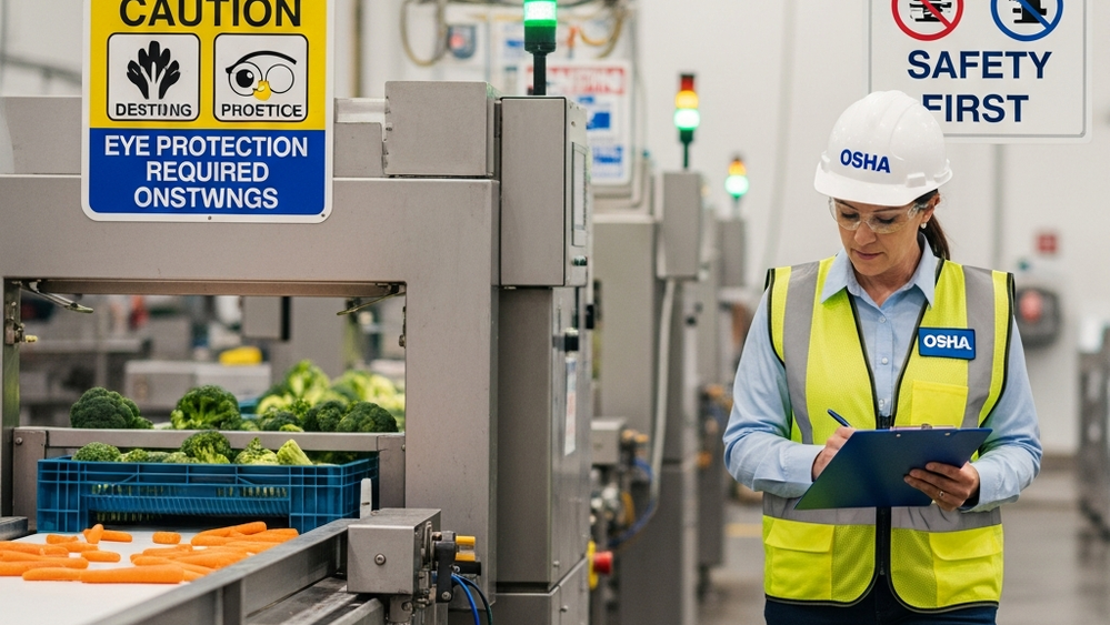 OSHA inspector at a vegetable processing plant, with safety signs in the background, representing workplace safety investigation.