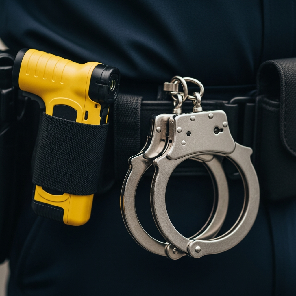 A close-up of a law enforcement officer's belt with a taser and handcuffs, signifying the tools of the trade often involved in civil rights litigation.