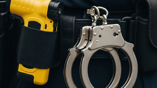 A close-up of a law enforcement officer's belt with a taser and handcuffs, signifying the tools of the trade often involved in civil rights litigation.