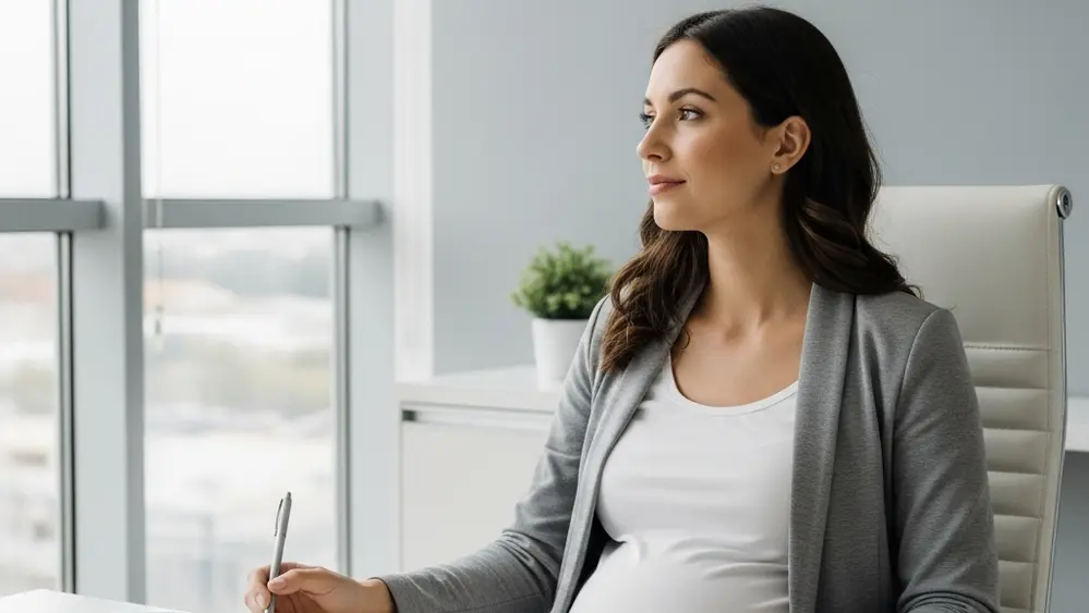 A pregnant woman sitting at a modern desk in a professional office setting, looking thoughtfully out a window while holding a pen over a notebook.