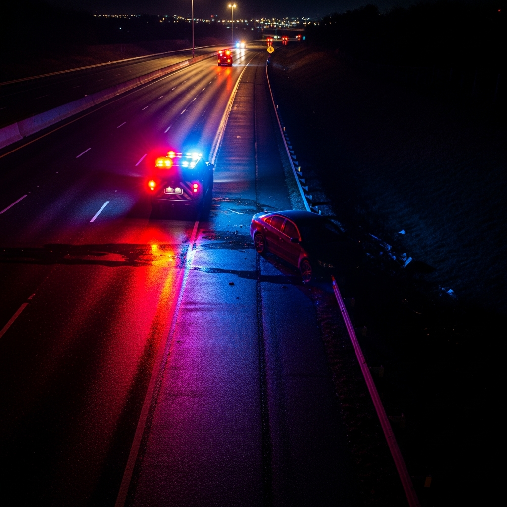 An aerial view of a roadside collision scene at night with emergency vehicle lights reflecting off a dark sedan near a highway shoulder.
