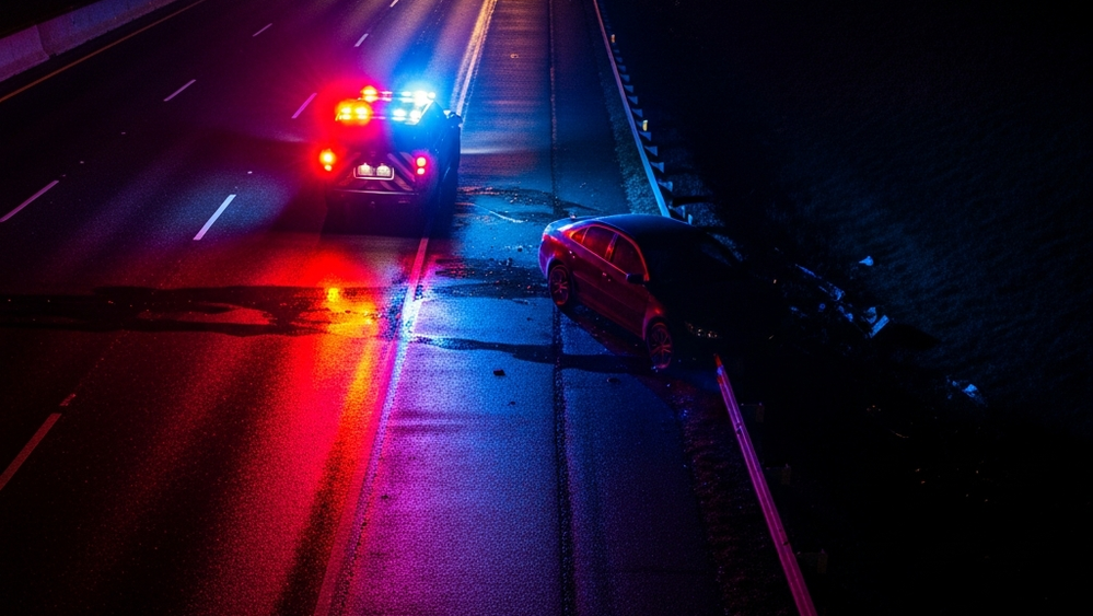 An aerial view of a roadside collision scene at night with emergency vehicle lights reflecting off a dark sedan near a highway shoulder.