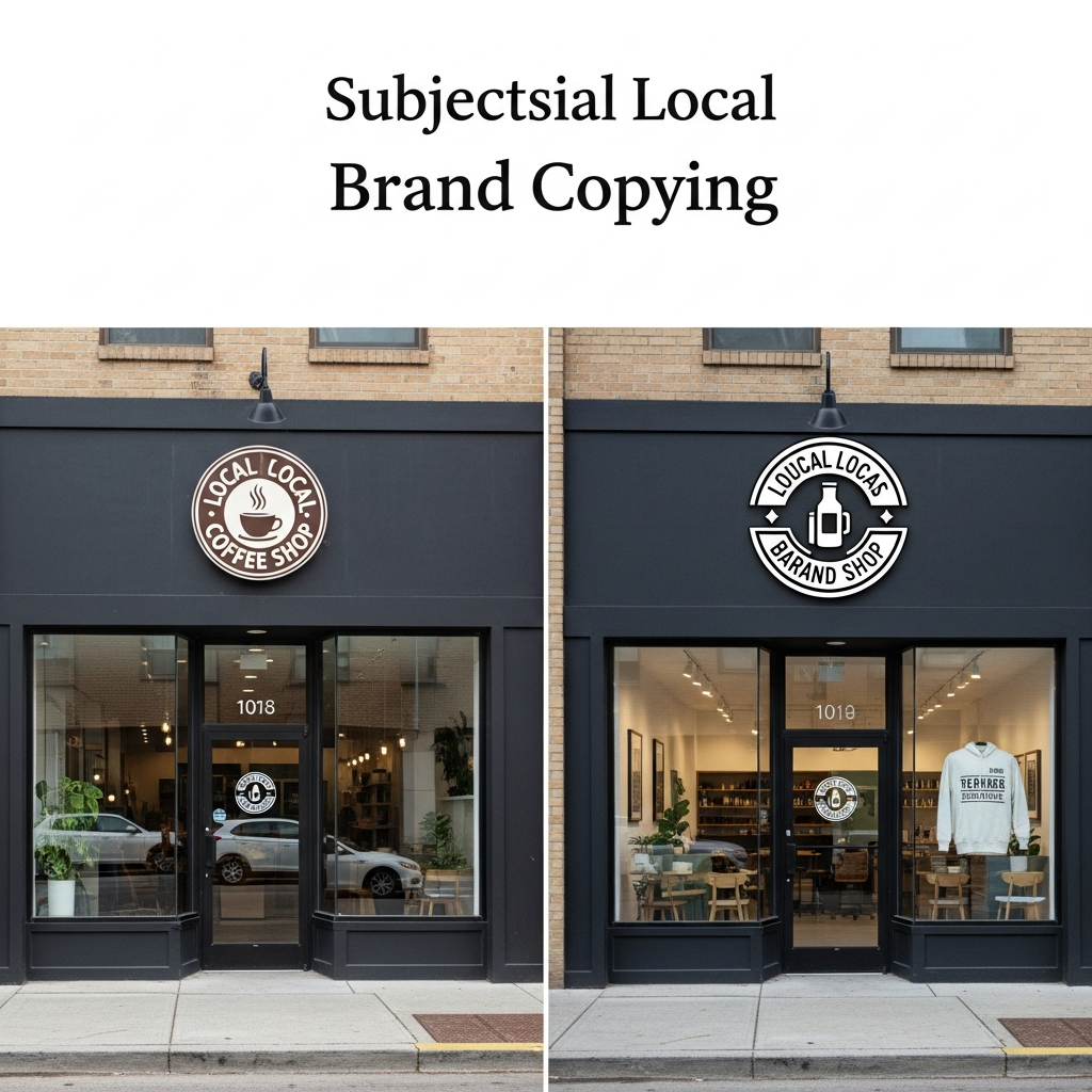 A split-screen view showing a legitimate local coffee shop logo on the left and a nearly identical but slightly altered logo on a storefront across the street, representing brand copying without any text or signs.
