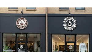 A split-screen view showing a legitimate local coffee shop logo on the left and a nearly identical but slightly altered logo on a storefront across the street, representing brand copying without any text or signs.