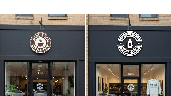 A split-screen view showing a legitimate local coffee shop logo on the left and a nearly identical but slightly altered logo on a storefront across the street, representing brand copying without any text or signs.