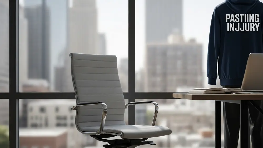 A symbolic image of an empty office chair facing a large window with city buildings in the background, representing a workplace in transition.
