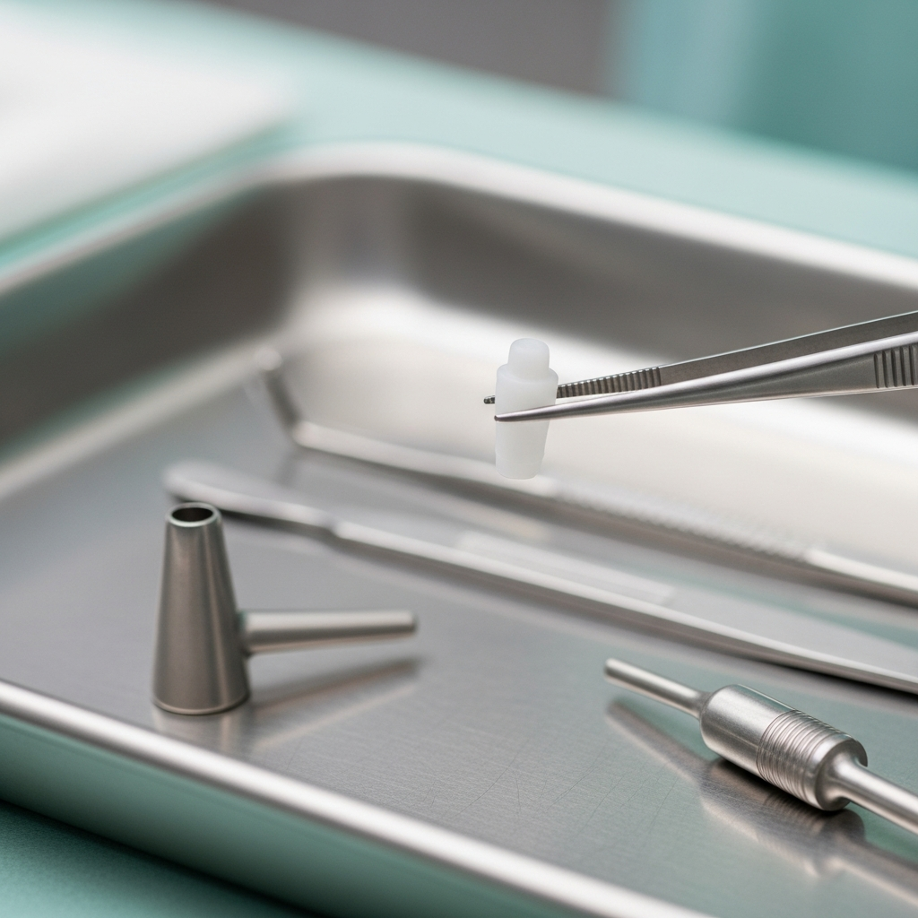 A small synthetic cartilage implant plug held by a pair of surgical tweezers over a sterile medical tray.