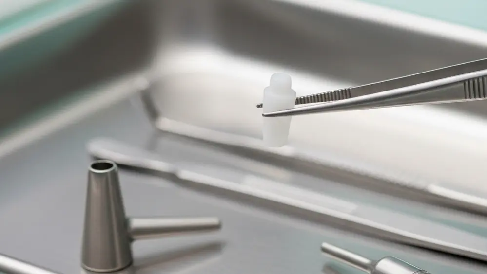 A small synthetic cartilage implant plug held by a pair of surgical tweezers over a sterile medical tray.