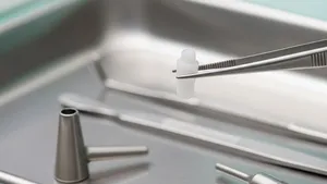 A small synthetic cartilage implant plug held by a pair of surgical tweezers over a sterile medical tray.