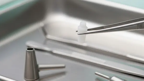 A small synthetic cartilage implant plug held by a pair of surgical tweezers over a sterile medical tray.