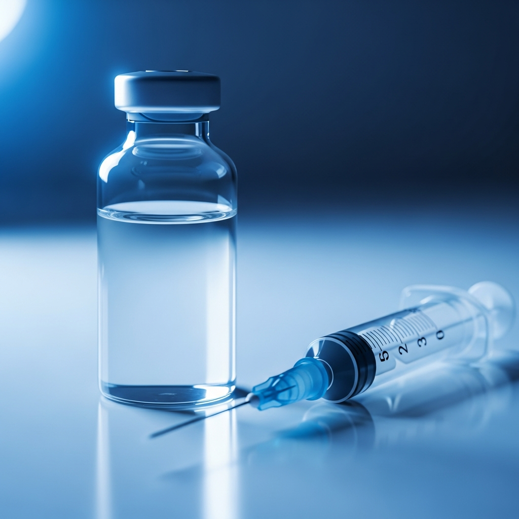 A close-up view of a medical vial and a sterile syringe resting on a clean laboratory surface with soft blue lighting reflecting off the glass.
