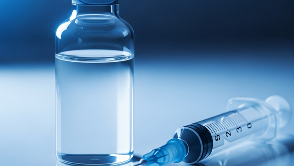 A close-up view of a medical vial and a sterile syringe resting on a clean laboratory surface with soft blue lighting reflecting off the glass.