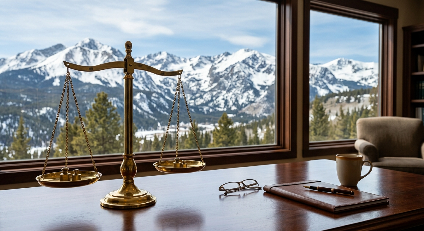 A gold scale of justice sits on a mahogany table in front of a window overlooking the snowy peaks of the Colorado Rockies.