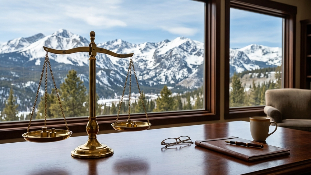 A gold scale of justice sits on a mahogany table in front of a window overlooking the snowy peaks of the Colorado Rockies.
