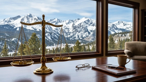 A gold scale of justice sits on a mahogany table in front of a window overlooking the snowy peaks of the Colorado Rockies.