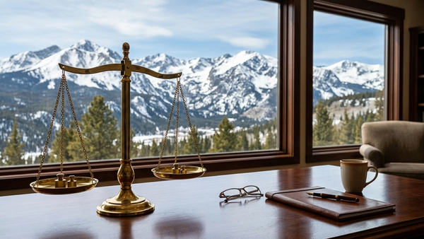 A gold scale of justice sits on a mahogany table in front of a window overlooking the snowy peaks of the Colorado Rockies.