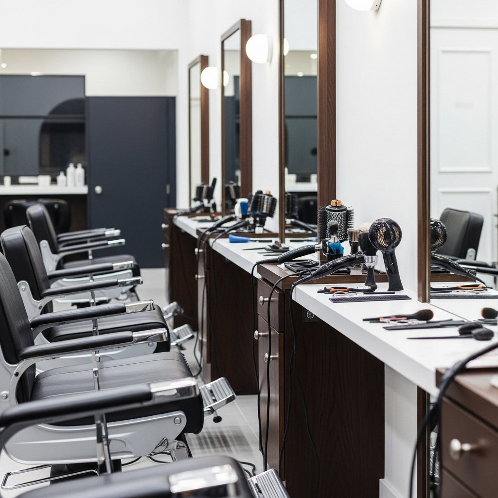 A modern hair salon interior with empty barber chairs and styling tools on a counter reflecting a professional workplace environment.
