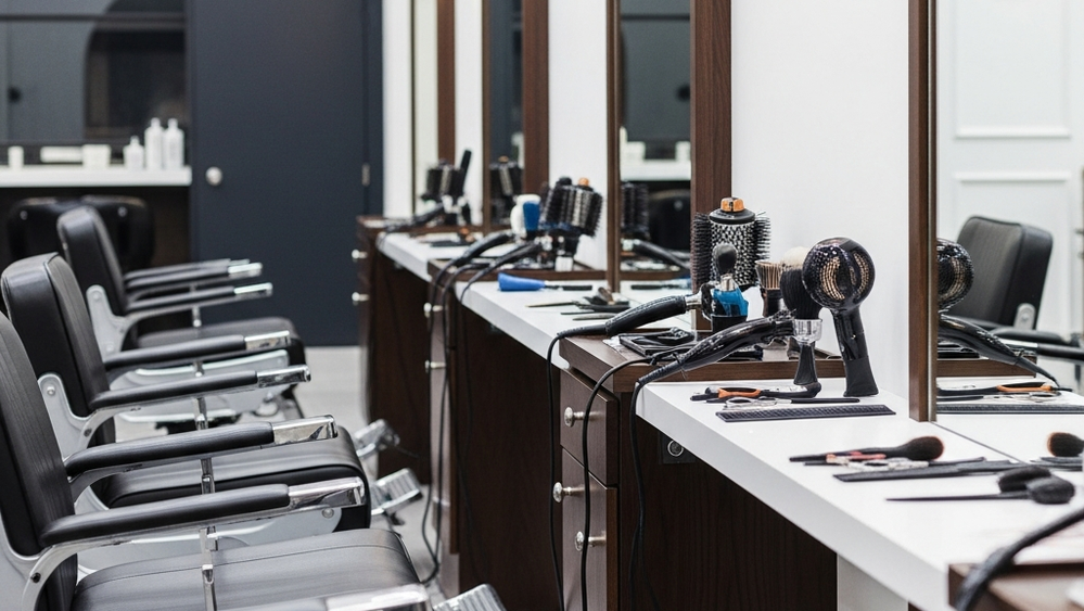 A modern hair salon interior with empty barber chairs and styling tools on a counter reflecting a professional workplace environment.