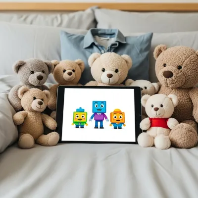 A child's tablet computer rests on a bed with colorful, blocky characters on the screen, surrounded by soft stuffed animals in a bedroom.