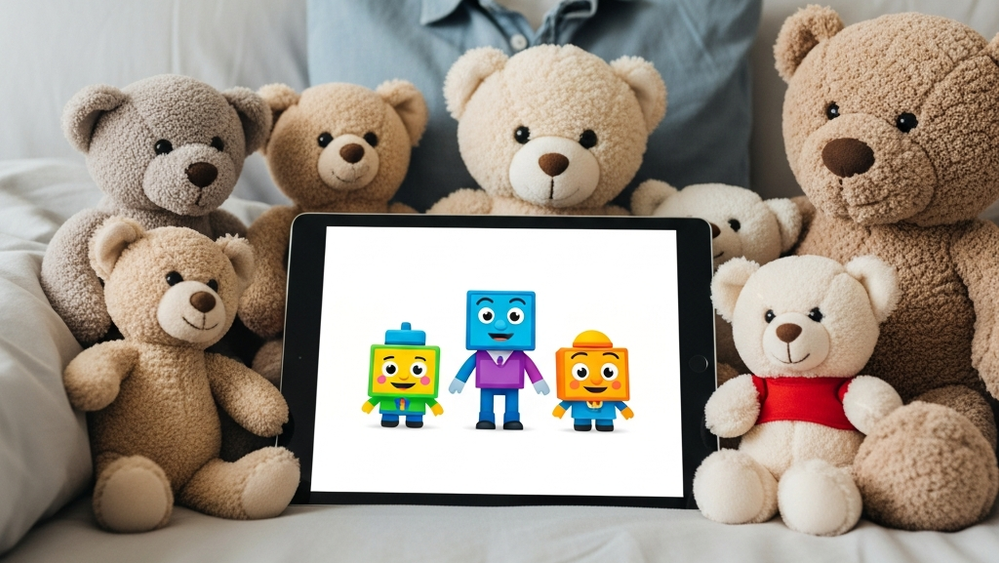 A child's tablet computer rests on a bed with colorful, blocky characters on the screen, surrounded by soft stuffed animals in a bedroom.