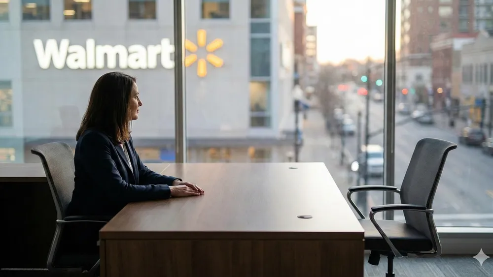 A person in a business suit sitting at a desk with an empty chair opposite them, symbolizing a missing employee or a workplace vacancy.