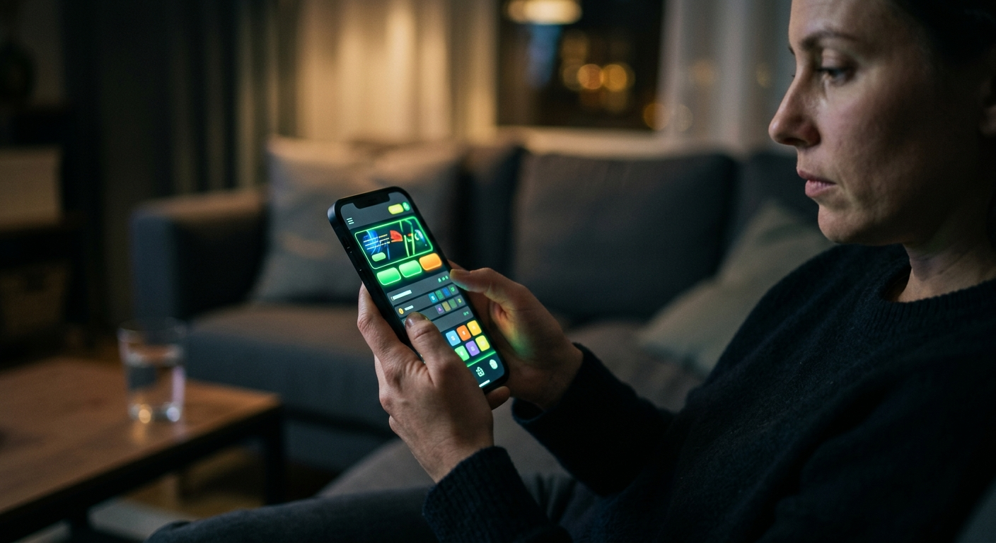 A smartphone screen showing a brightly colored sports betting application with glowing buttons and flashing icons, held by a person sitting in a dark room.