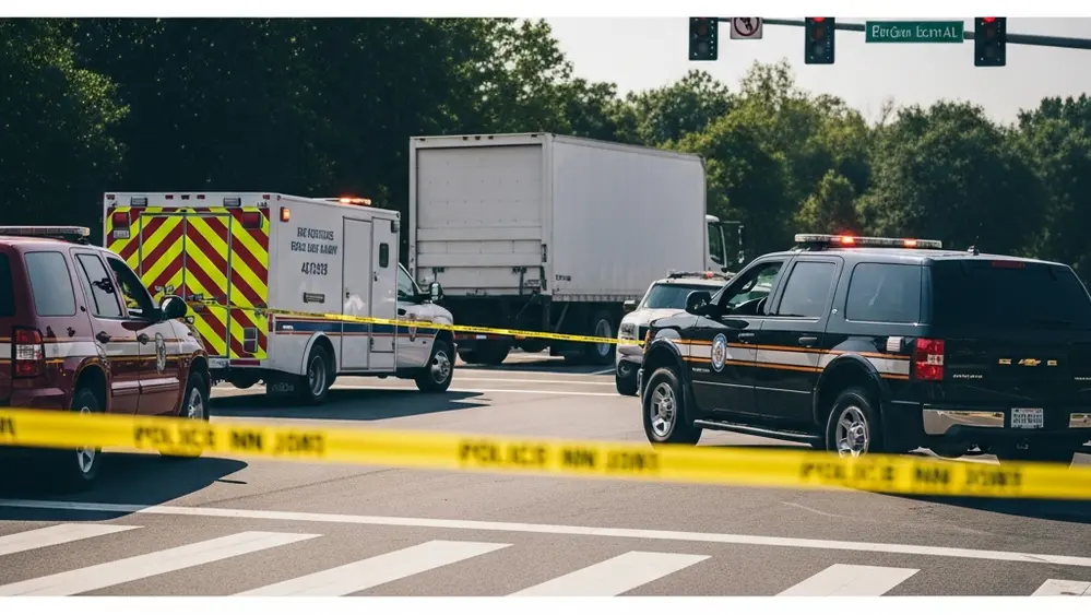 A somber scene of emergency vehicles and police tape at a traffic intersection, with a commercial delivery truck in the background, symbolizing a tragic accident investigation.