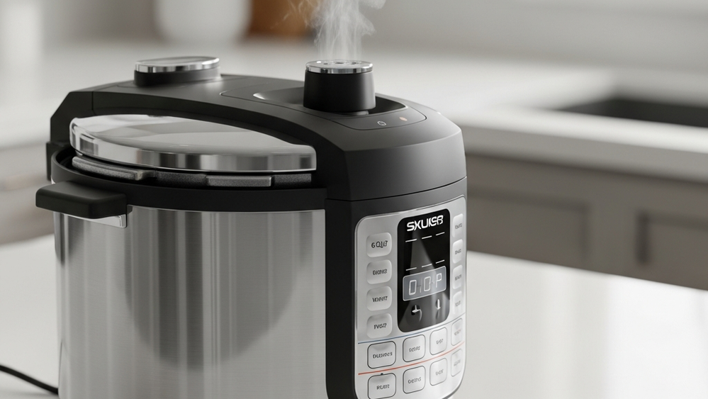 A modern 6-quart electric pressure cooker with a metallic finish sitting on a clean kitchen countertop with steam venting from the lid valve.